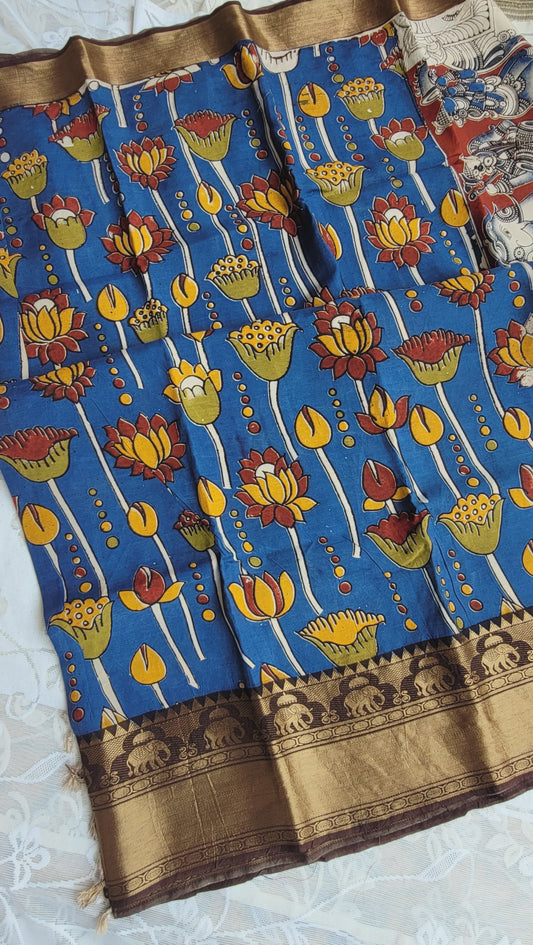 Royal Blue Kanchi Border Kalamkari Screen Printed Chennur Silk saree - Neelam