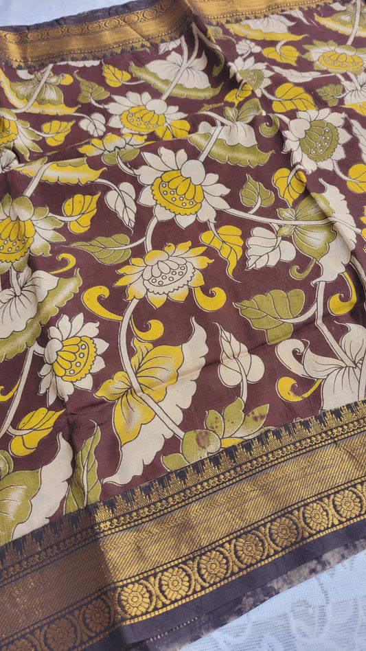 Coffee Brown Kalamkari Screen Printed Chennur Silk saree - Chakka