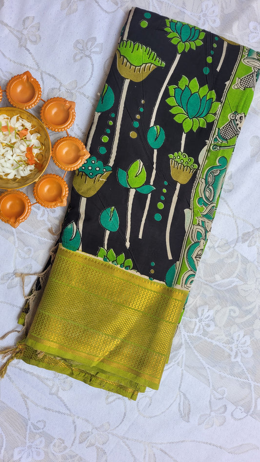 Florescent Green & Black Kanchi Border Kalamkari Screen Printed Chennur Silk saree - Gargi