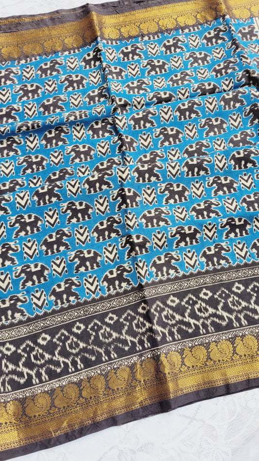 Light Blue Kalamkari Screen Printed Chennur Silk saree - Ningi