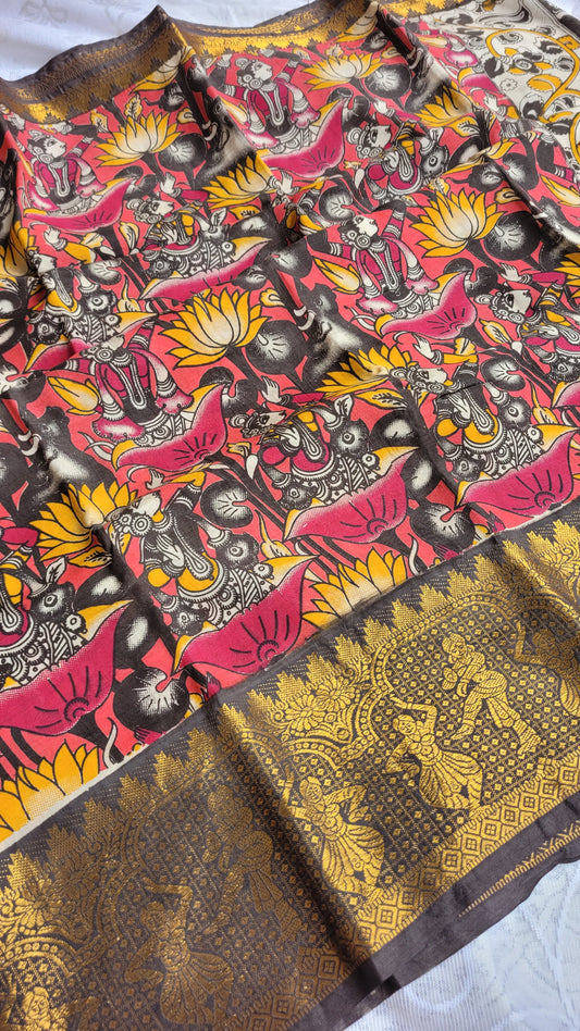 Dark Pink Kalamkari Screen Printed Chennur Silk saree - Surabhi