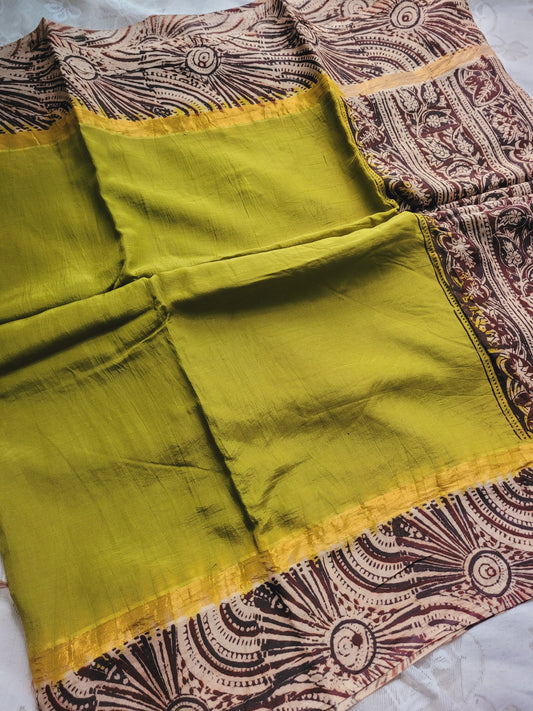 Kalamkari Double Dyed plain saree - Mehandi green