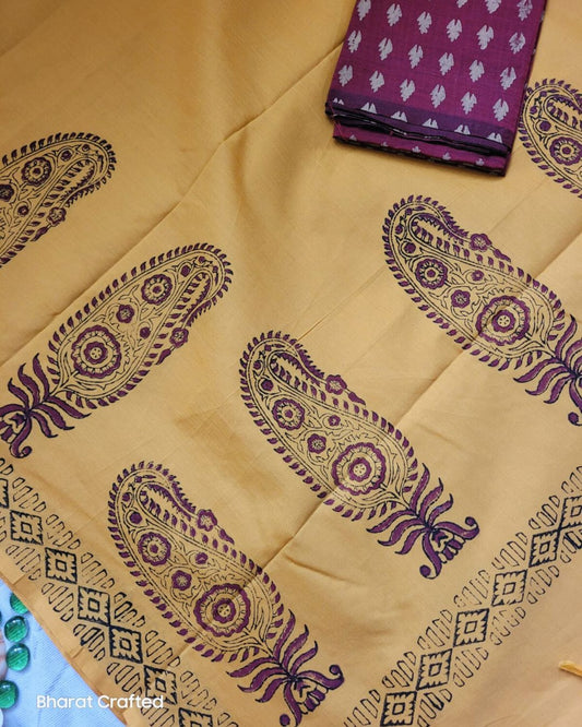 Cotton Mix Block Printed Saree with Contrast Additional Blouse Piece - Yellow Big Paisley