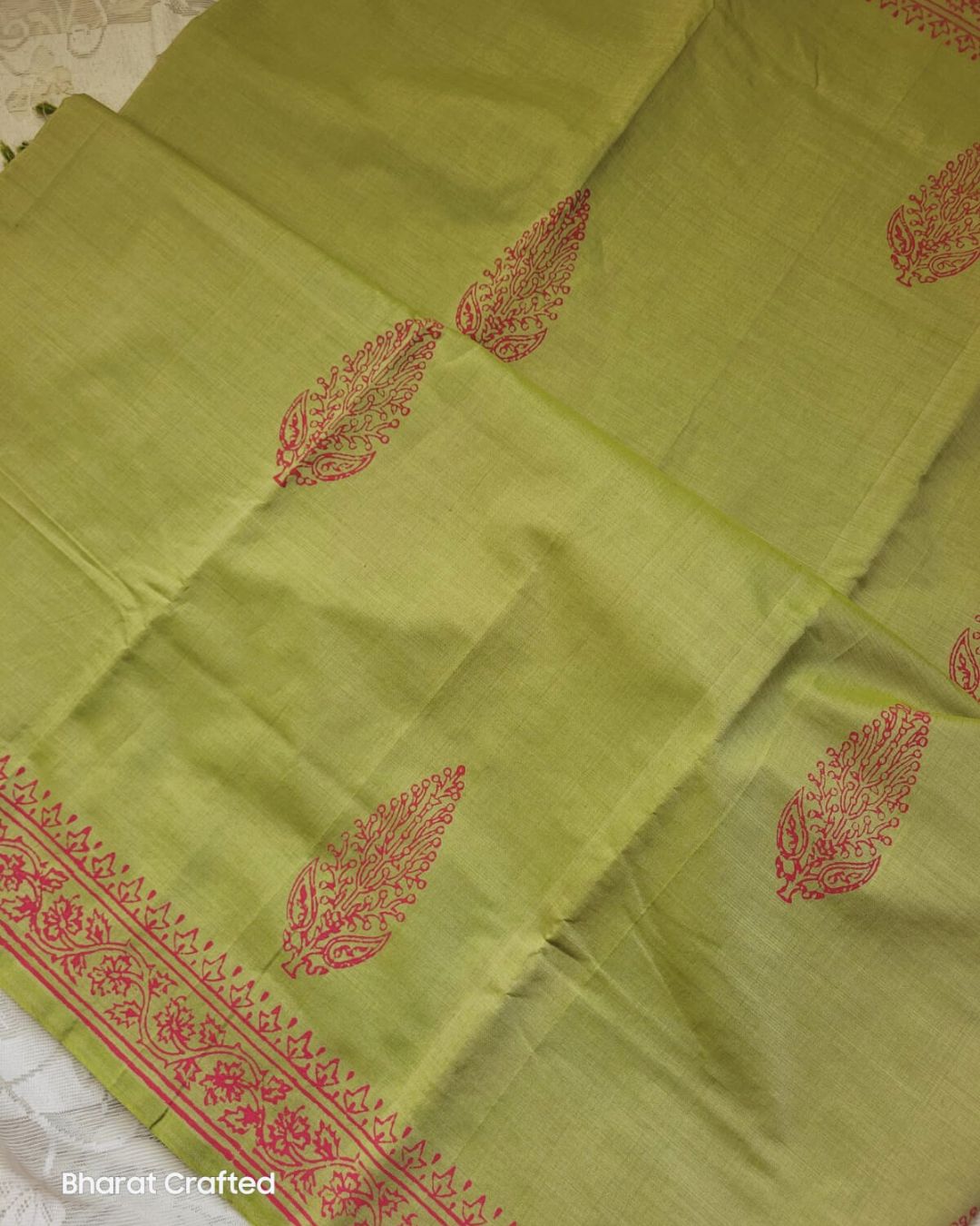 Cotton Mix Block Printed Saree with Contrast Additional Blouse Piece - Pastel Green
