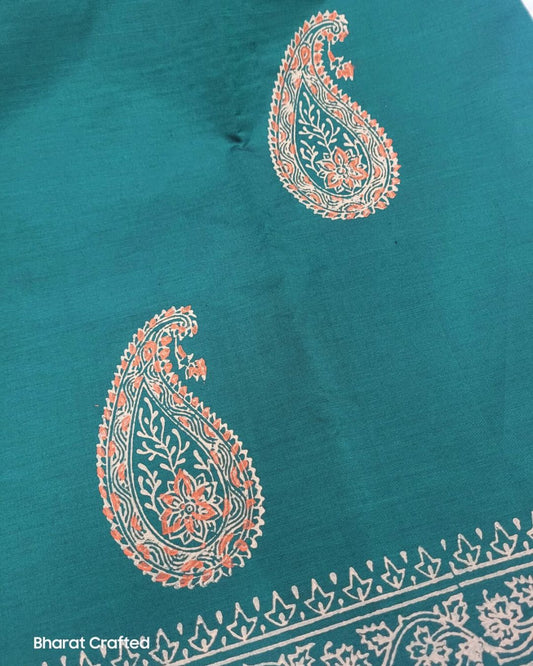 Cotton Mix Block Printed Saree with Contrast Additional Blouse Piece - Green & Orange Paisley