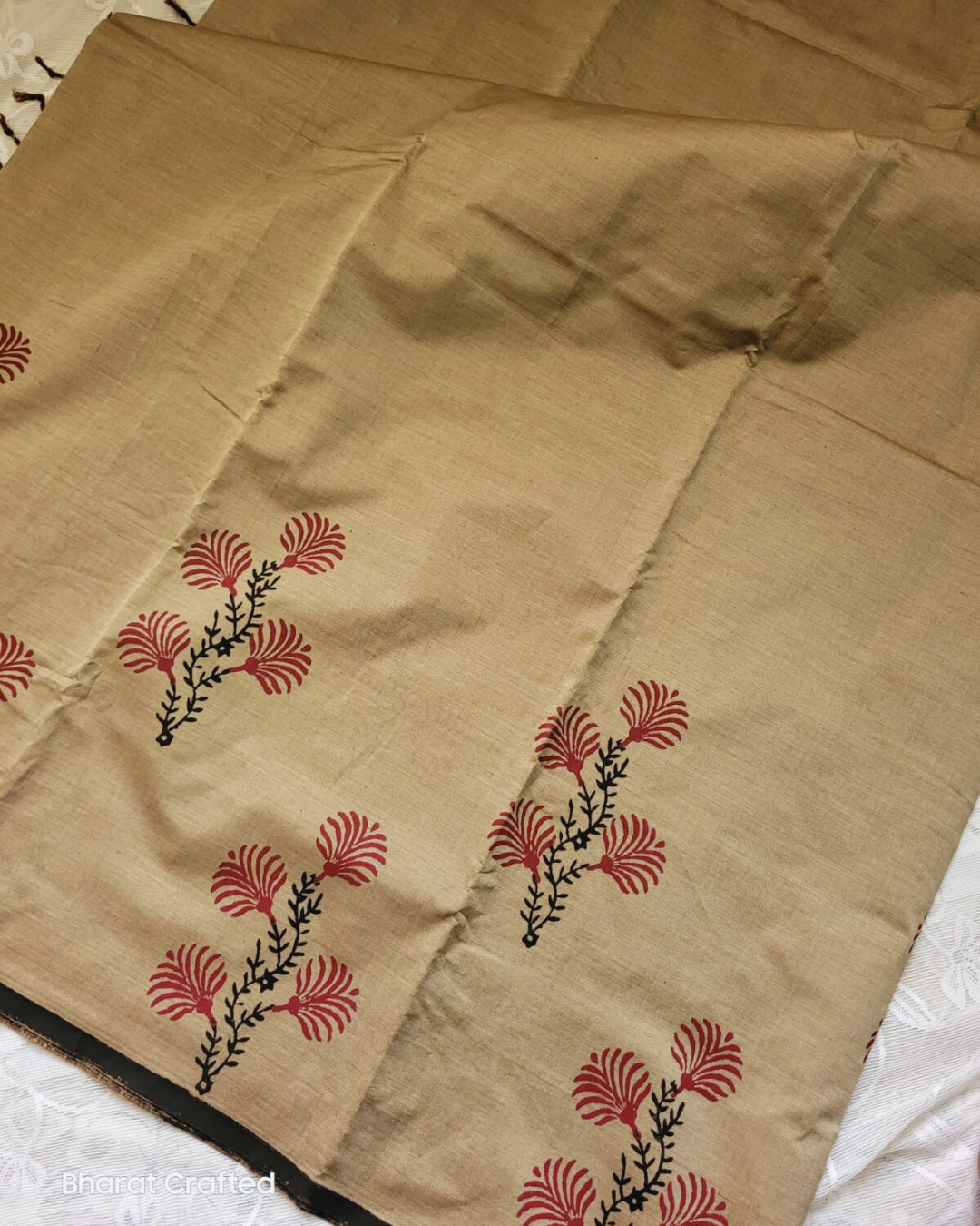 Cotton Mix Block Printed Saree with Contrast Additional Blouse Piece - Dusty Golden Grey Latha