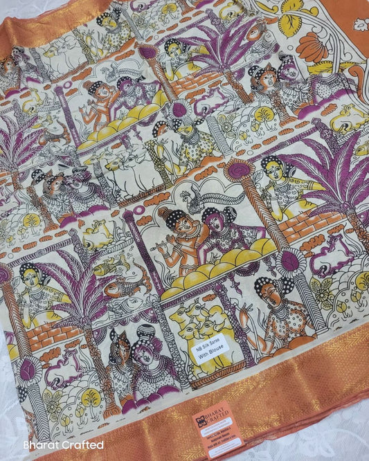 Kalamkari Nizam Border radha krishna cow and fish Printed Saree