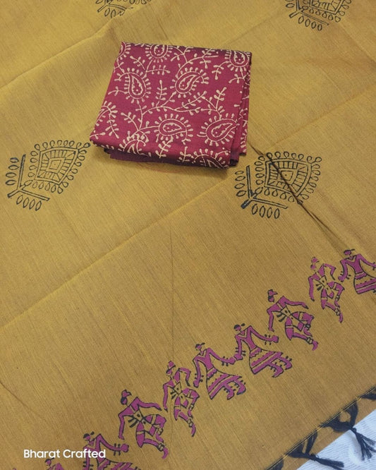 Cotton Mix designer leaf Block Printed Saree with Contrast Additional Blouse