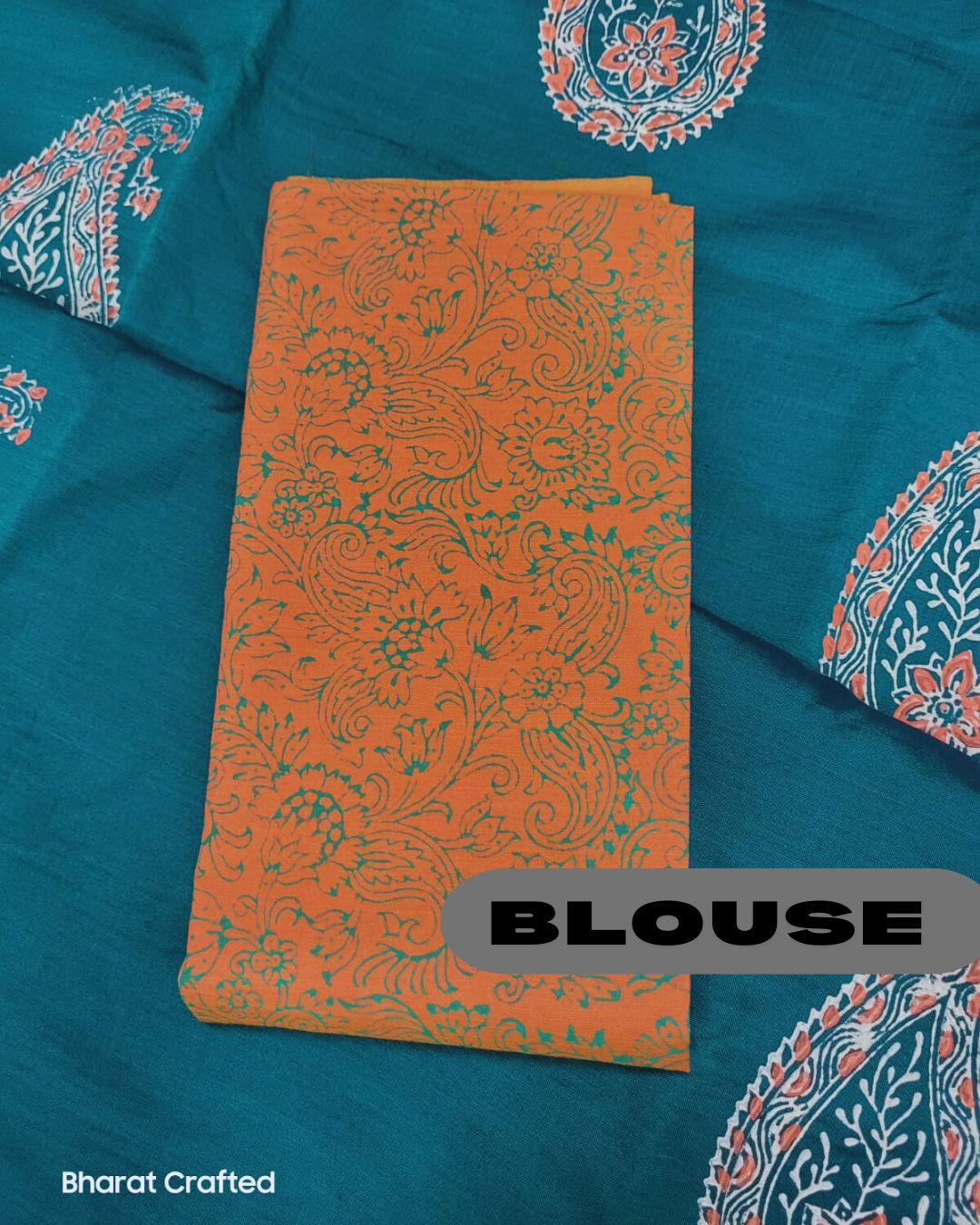 Cotton Mix Block Printed Saree with Contrast Additional Blouse Piece - Green & Orange Paisley