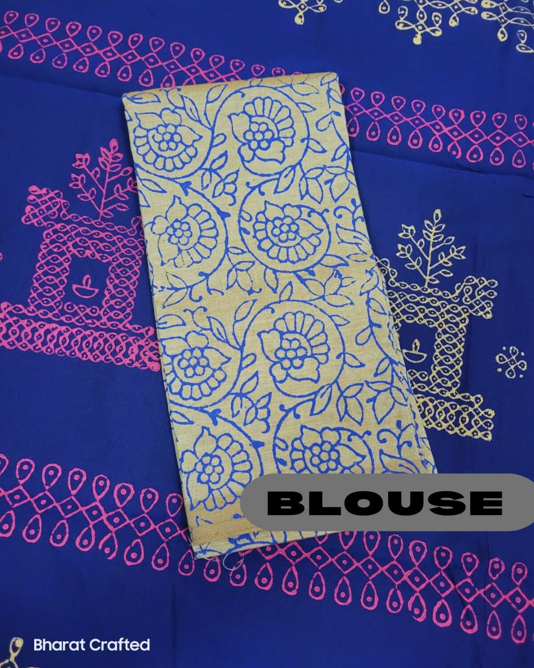 Cotton Mix Block Printed Saree with Contrast Additional Blouse Piece - Blue Rath Kollam