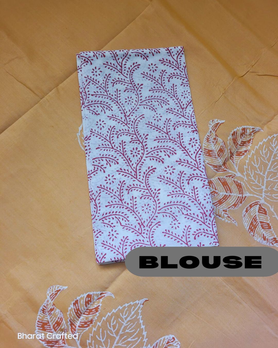 Cotton Mix Block Printed Saree with Contrast Additional Blouse Piece - Orange Champa