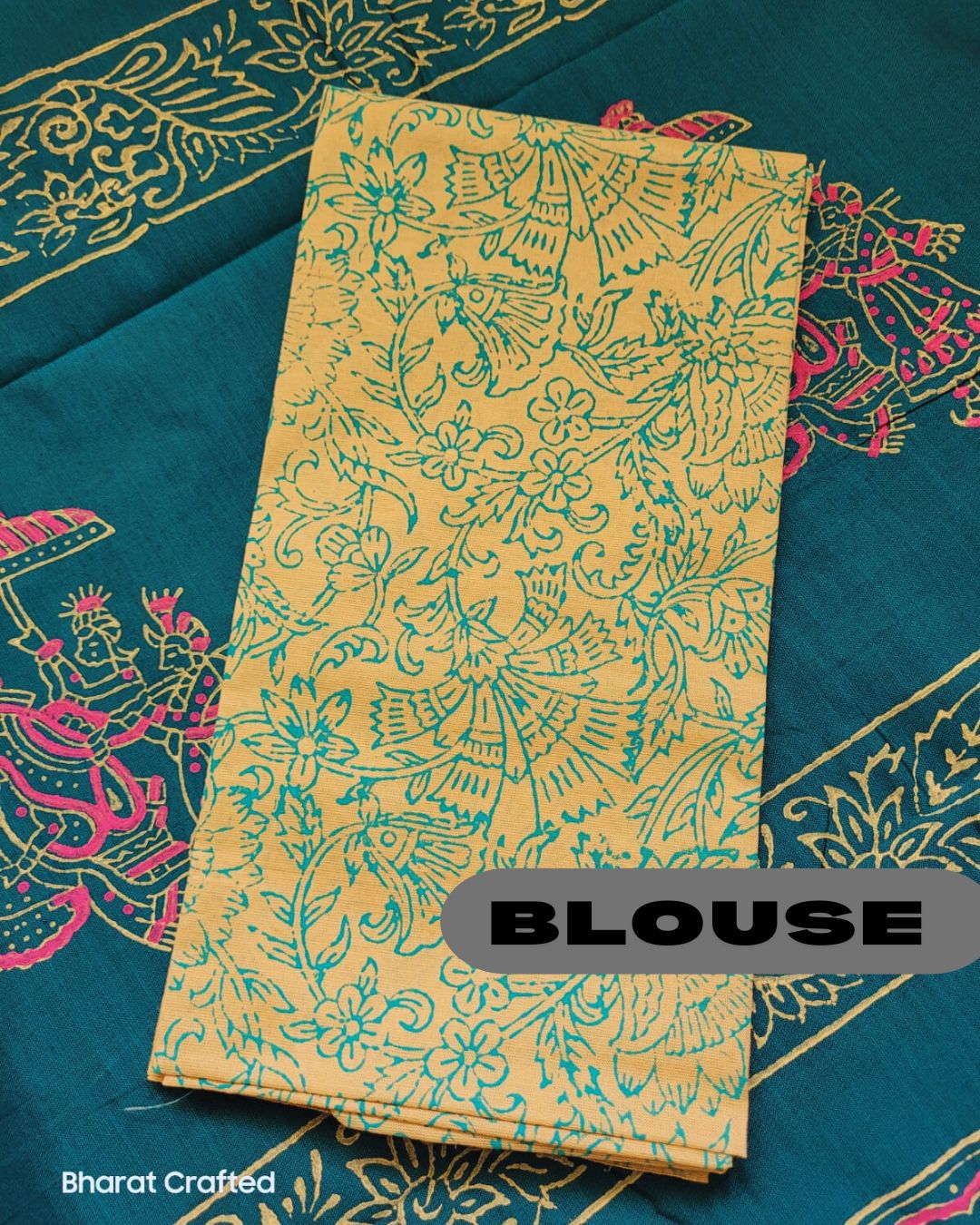 Cotton Mix Block Printed Saree with Contrast Additional Blouse Piece - Shaym Blue Ambari