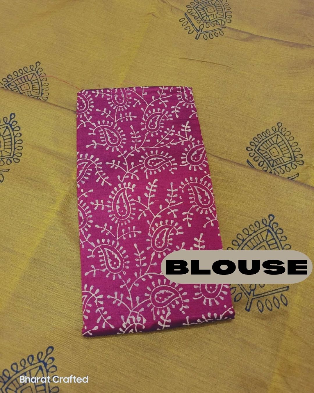 Cotton Mix designer leaf Block Printed Saree with Contrast Additional Blouse
