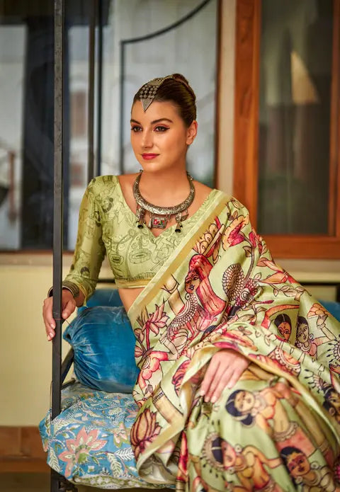 Kalamkari Digital Printed Semi Chanderi Silk Saree - Charusheela