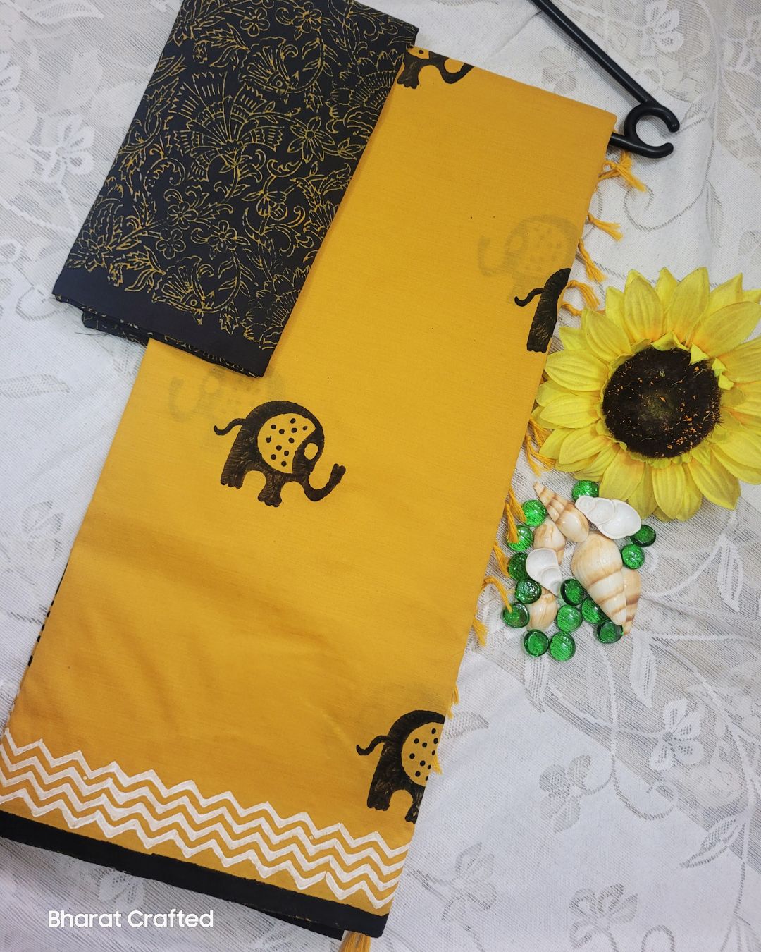 Cotton Mix Block Printed Saree with Contrast Additional Blouse Piece - Mini Elephant