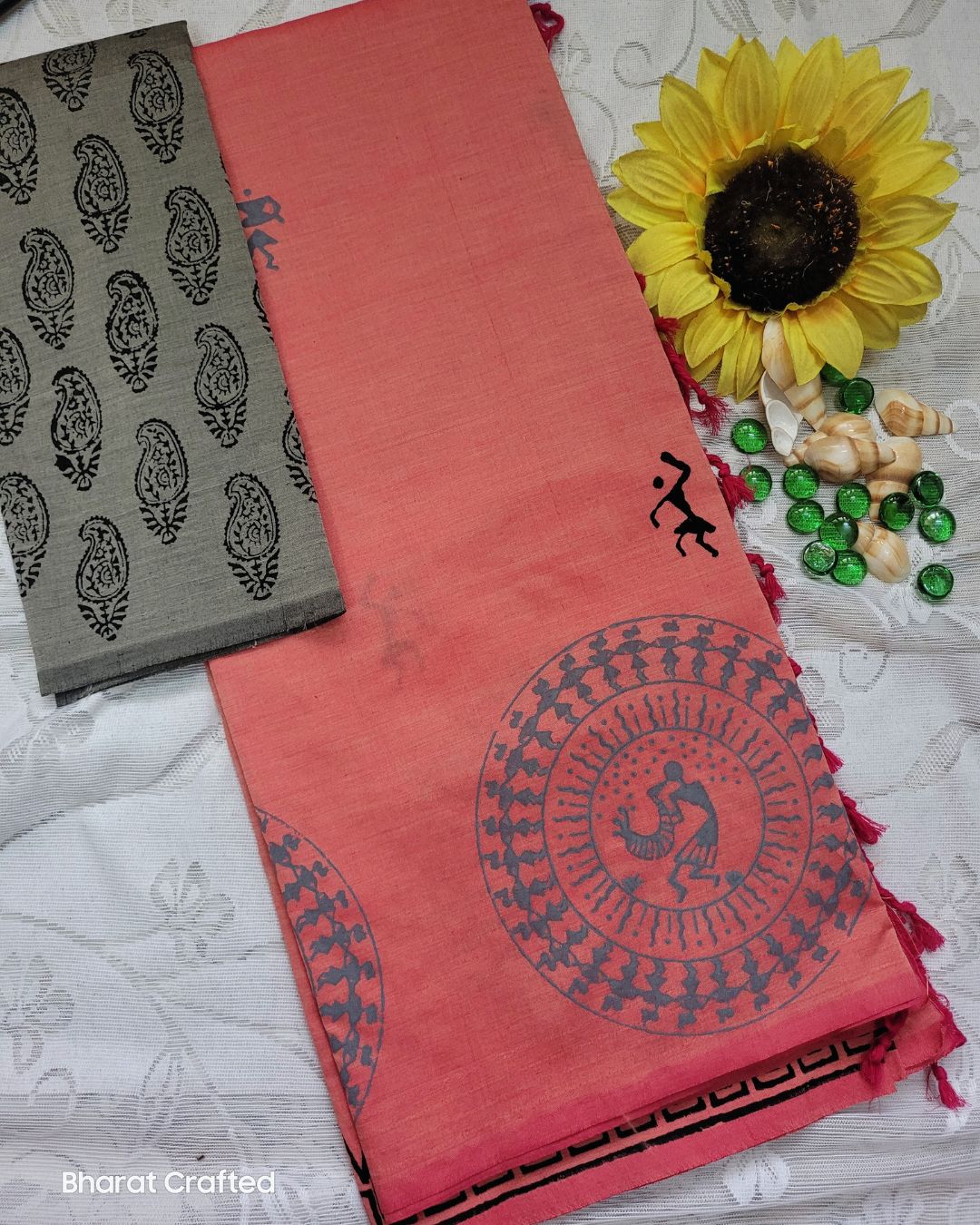 Cotton Mix Block Printed Saree with Contrast Additional Blouse Piece - Pink Warli