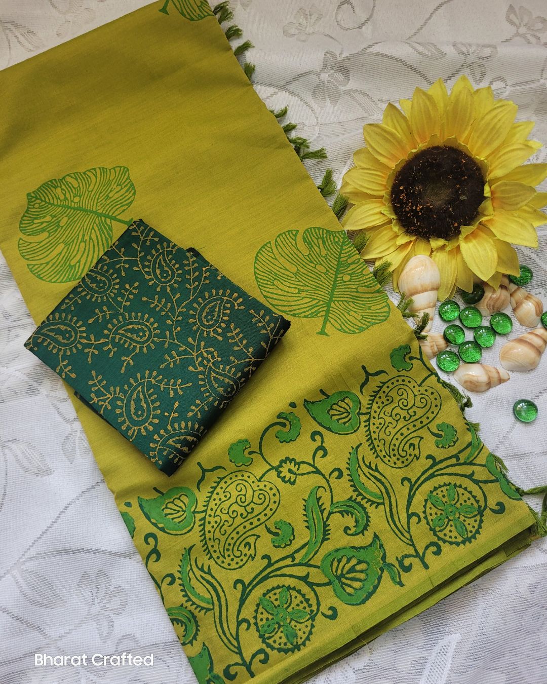 Cotton Mix Block Printed Saree with Contrast Additional Blouse Piece - Raavi