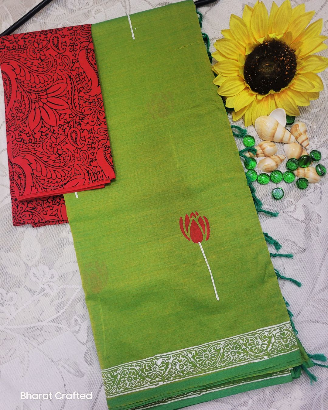 Cotton Mix Block Printed Saree with Contrast Additional Blouse Piece - Red Lotus