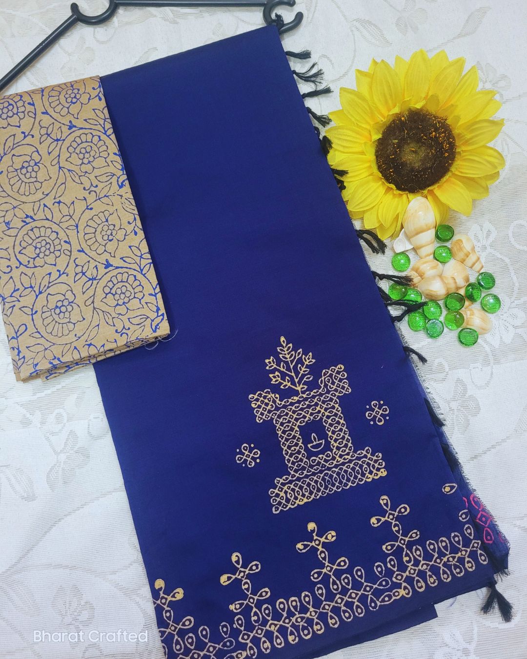 Cotton Mix Block Printed Saree with Contrast Additional Blouse Piece - Blue Rath Kollam
