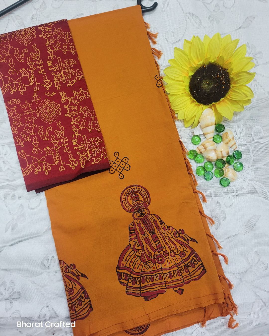Cotton Mix Block Printed Saree with Contrast Additional Blouse Piece - Orange Kathak