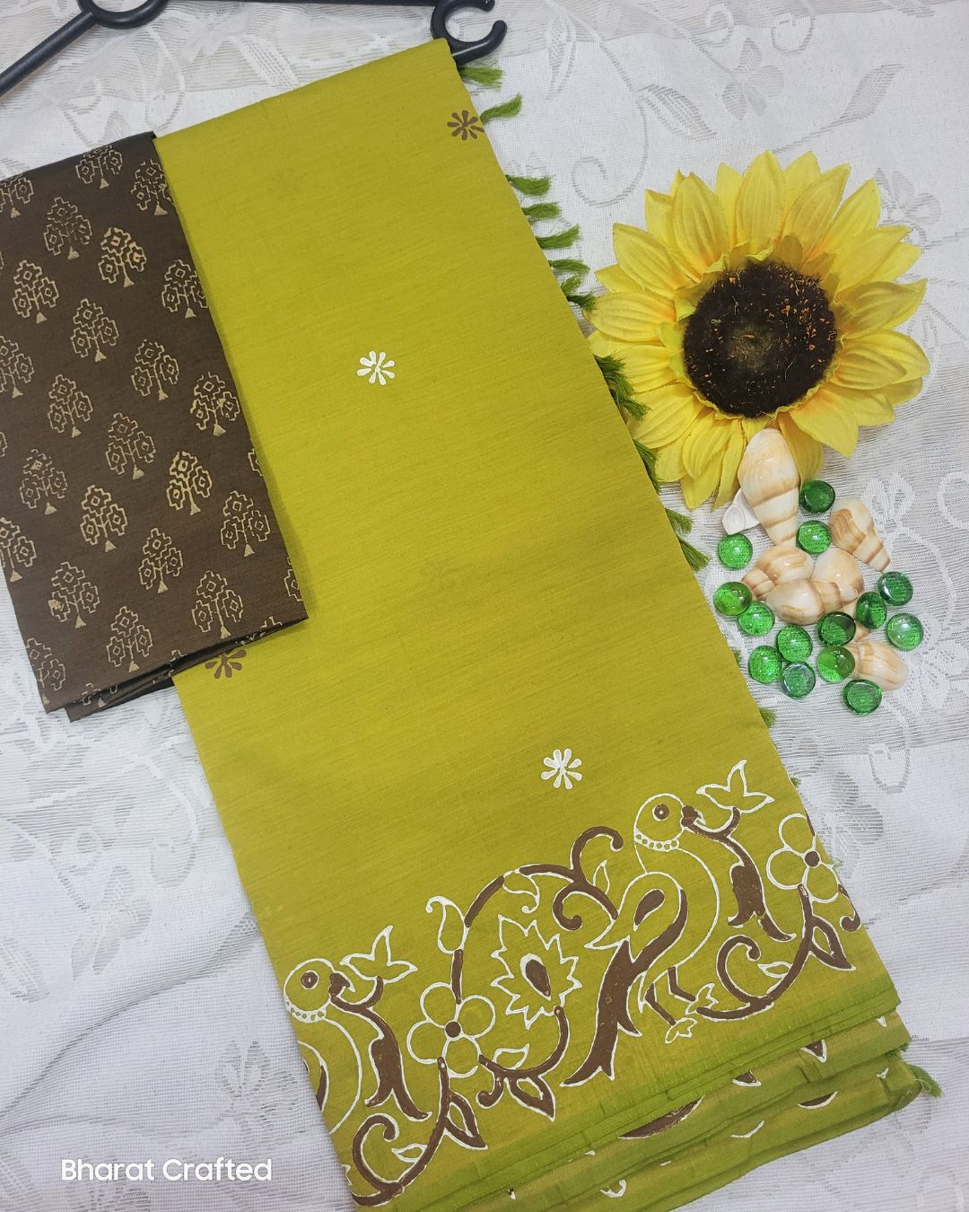 Cotton Mix Block Printed Saree with Contrast Additional Blouse Piece - Parrot Border