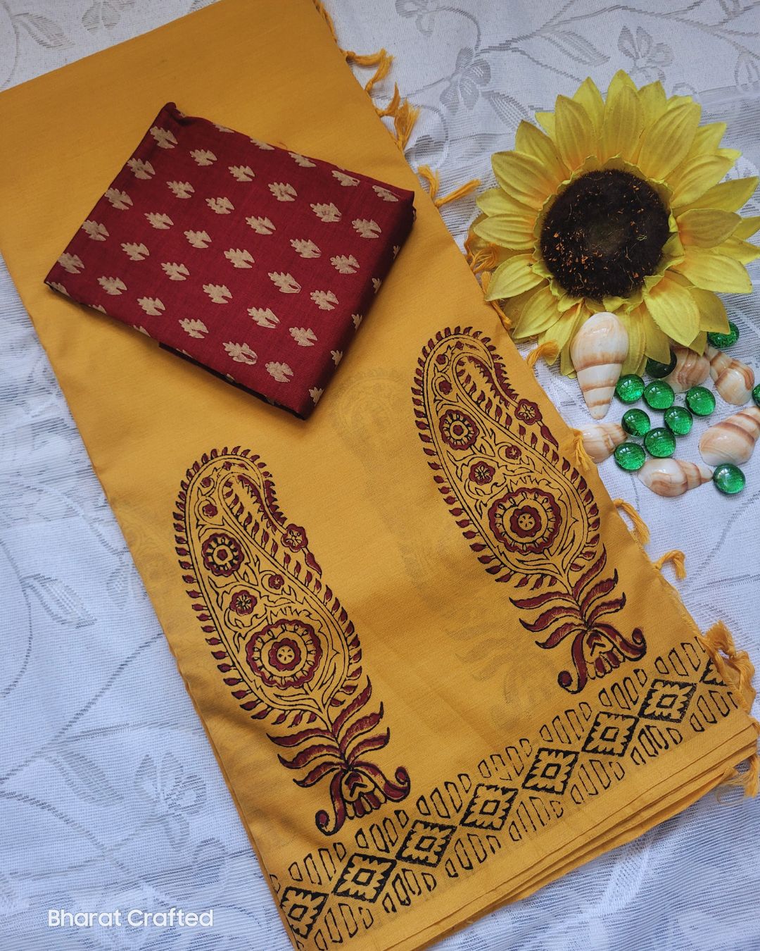 Cotton Mix Block Printed Saree with Contrast Additional Blouse Piece - Yellow Big Paisley