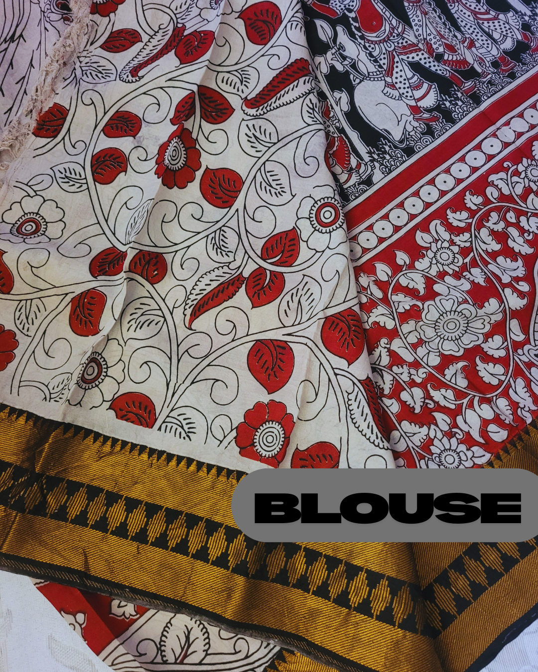 Kalamkari Black Temple border Chennur Silk Saree - Katha