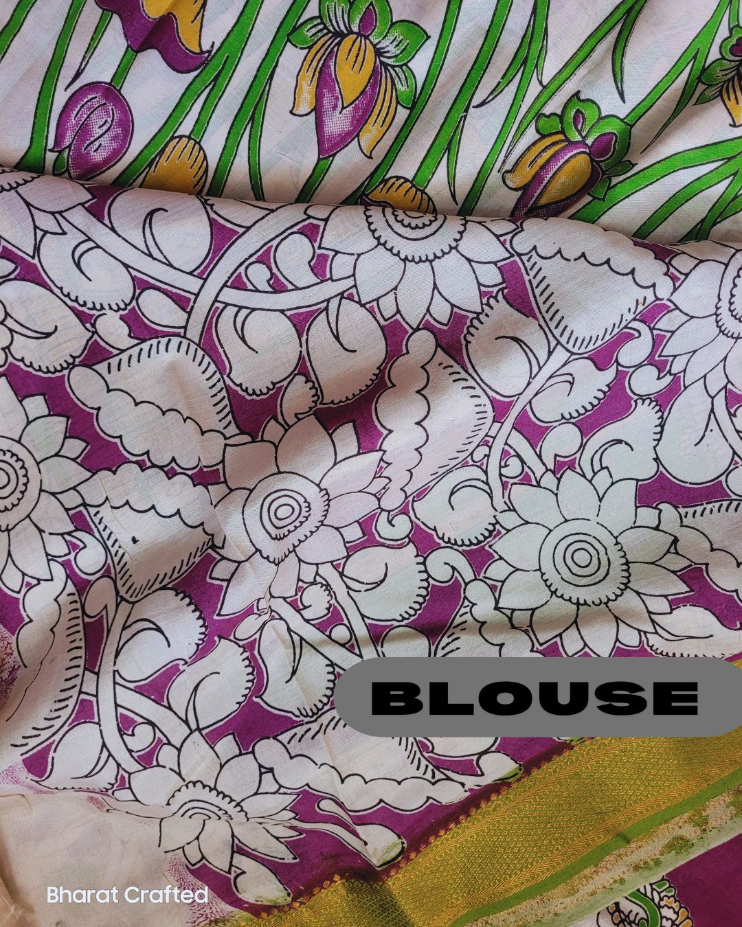 Kalamkari Nizam Border Bright Green Lotus Printed Saree - Florescent Green