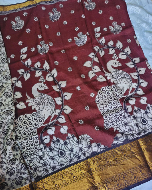 Kalamkari Chennur silk 7 Inch Kanchi border saree - Coffee Peacock