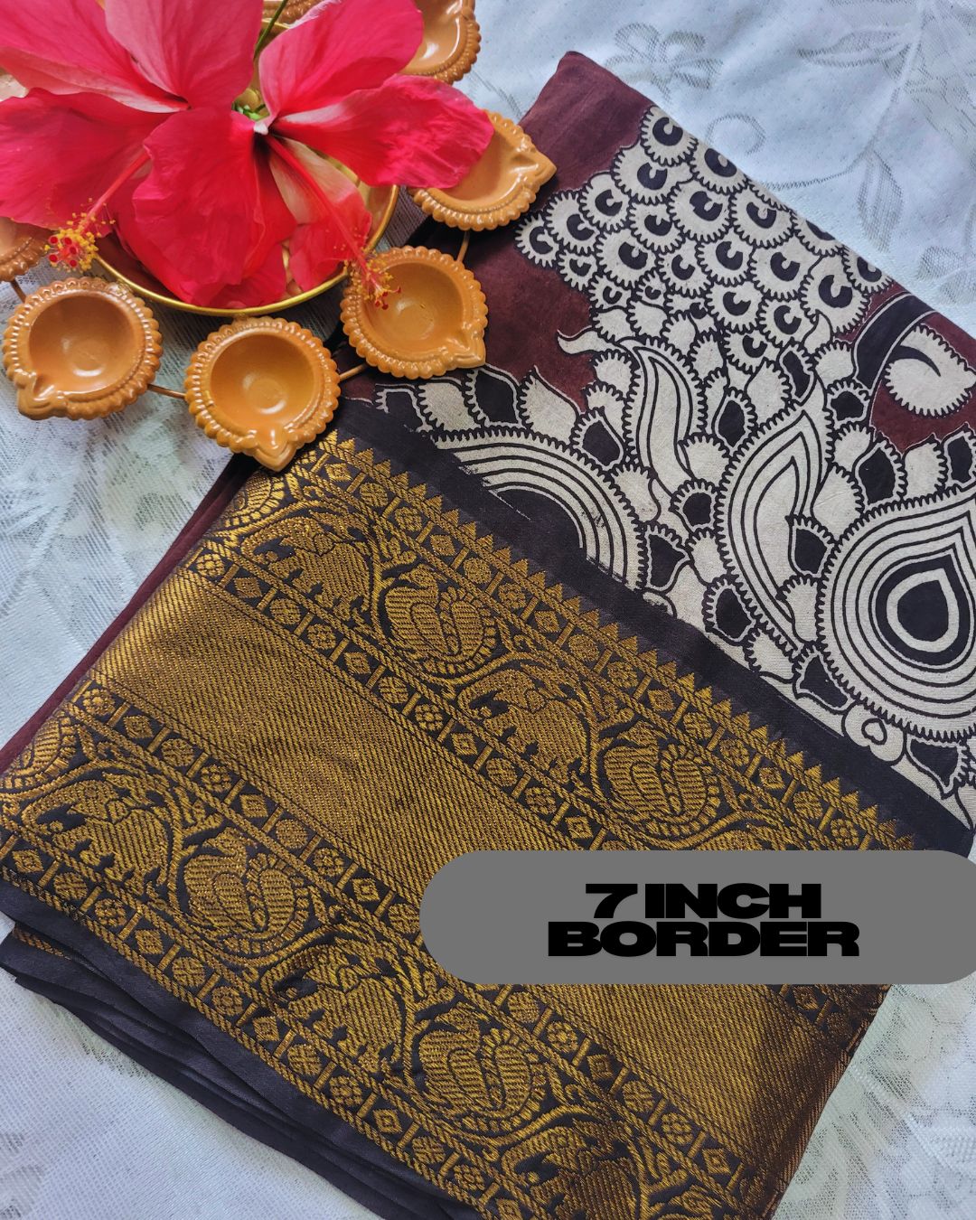 Kalamkari Chennur silk 7 Inch Kanchi border saree - Coffee Peacock