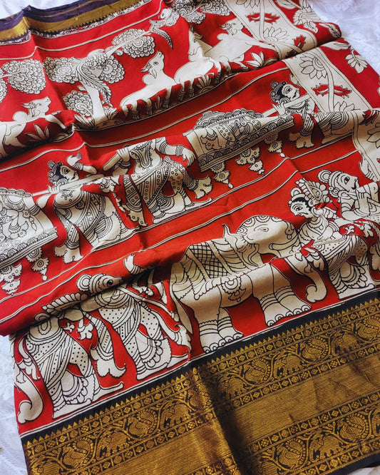 Kalamkari Chennur silk 7 Inch Kanchi border saree - Red Gatha