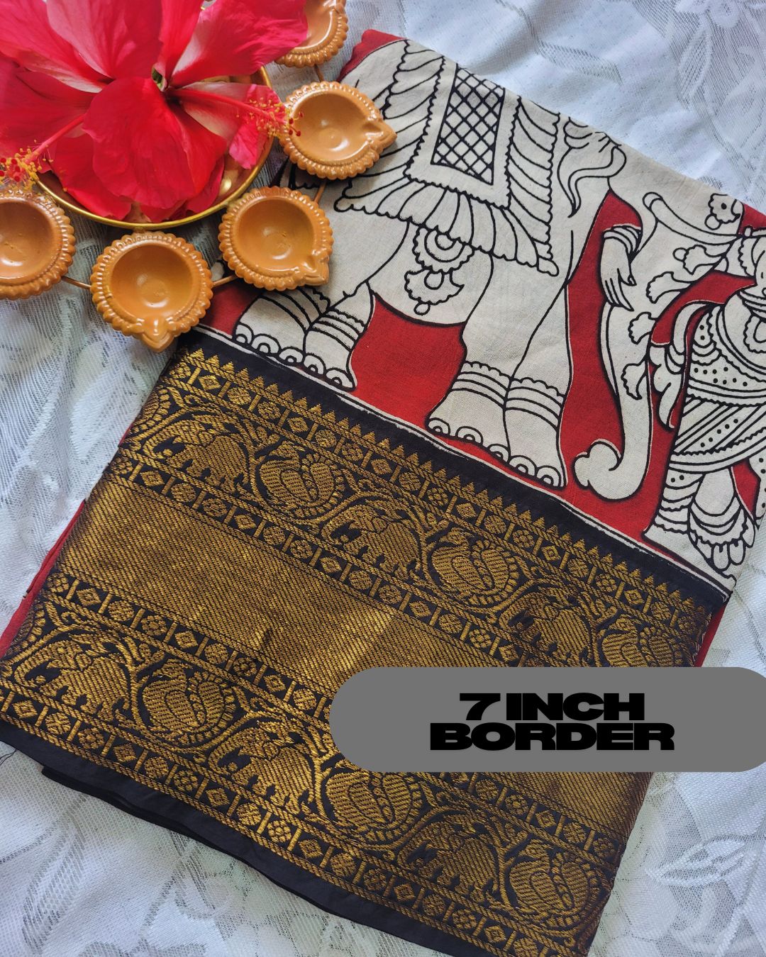 Kalamkari Chennur silk 7 Inch Kanchi border saree - Red Gatha