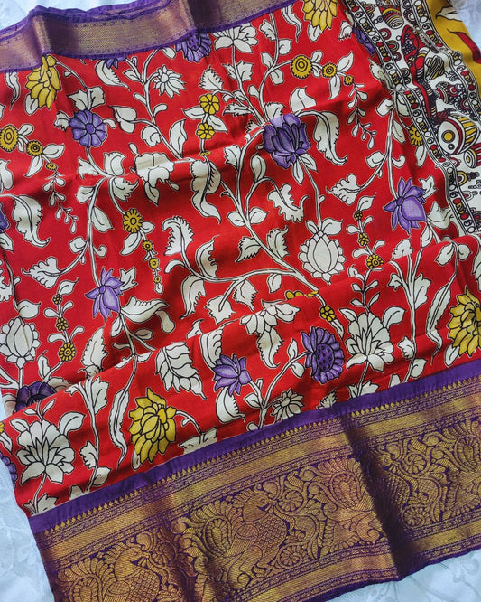 Kalamkari Chennur silk 7 Inch Kanchi border saree - Red & Purple