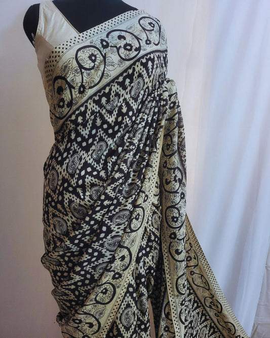 Kalamkari Cotton Silk Black Geometric Screen Printed Saree - Black