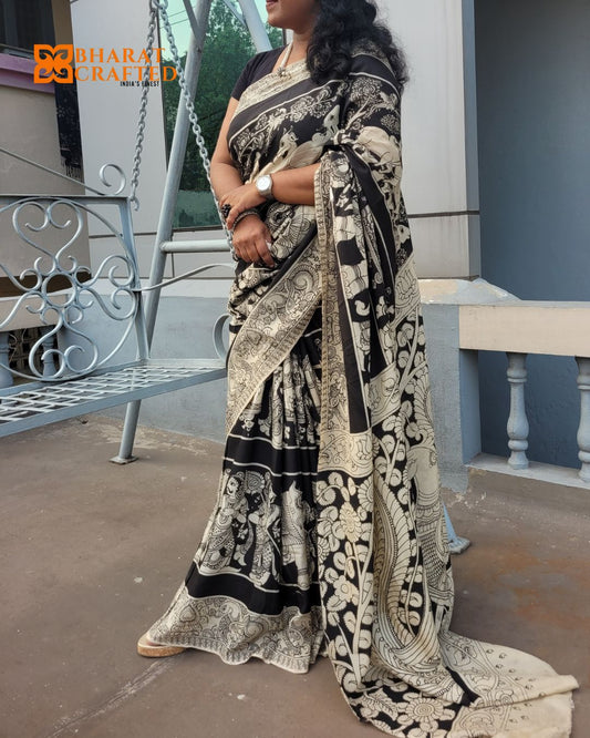 Kalamkari Cotton Silk Rath Yatra Screen Printed Saree - Black & Beige