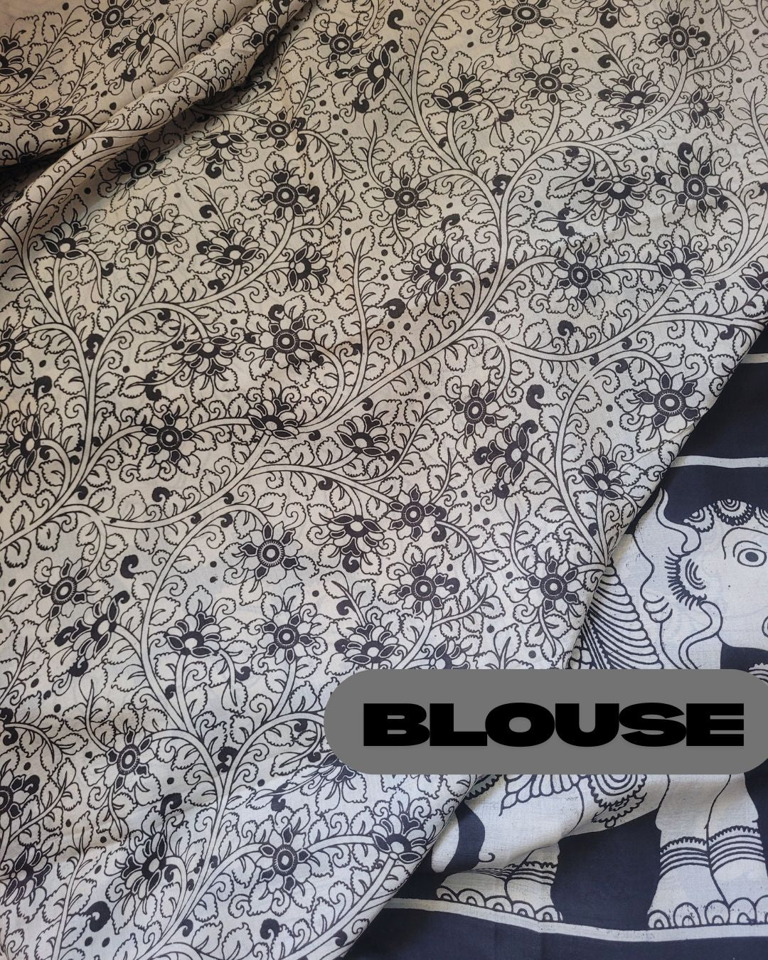 Kalamkari Cotton Silk Rath Yatra Screen Printed Saree - Black & Beige