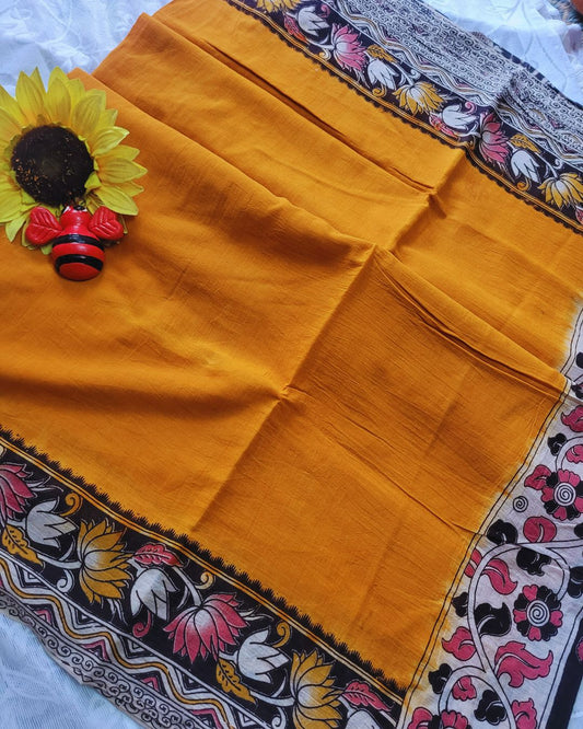 Kalamkari Double Dyed Pure MulMul Cotton Saree - Mustard Small Lotus border