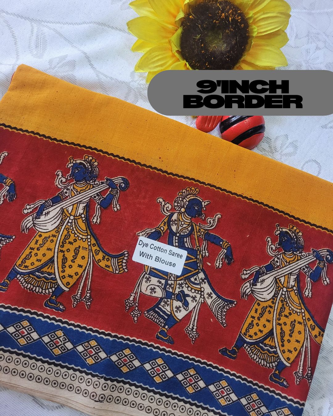 Kalamkari Double Dyed Pure MulMul Cotton Saree with 9-Inch Printed Border - Mustard katha border