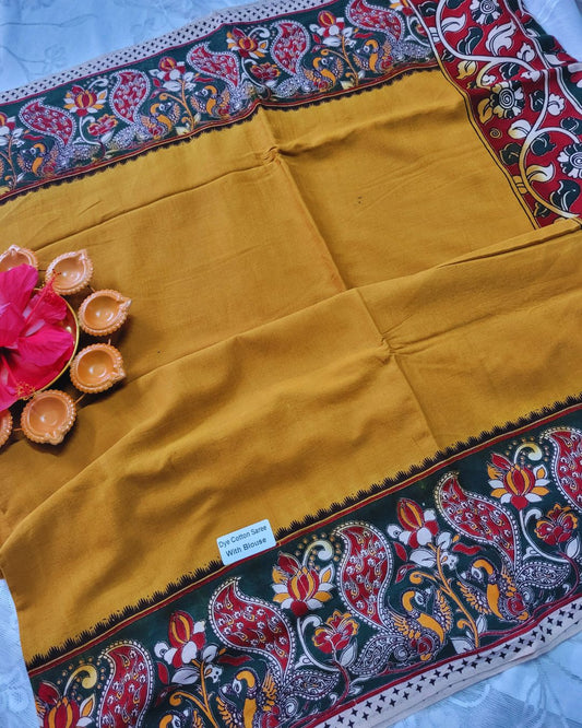 Kalamkari Double Dyed Pure MulMul Cotton Saree with 9-Inch Printed Border - Mustard