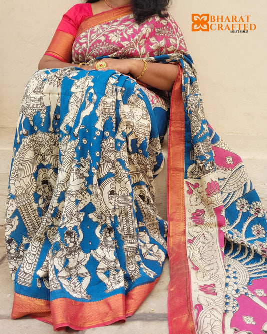 Kalamkari Faded Effect Blue & Pink Kings Yatra Story Saree - Neelvarn