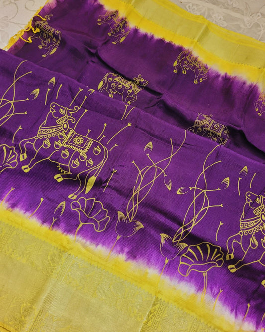 Kalamkari Kanchi Border Double Dyed & Hand Painted Pichwai Dark Purple Saree - VrajVastra