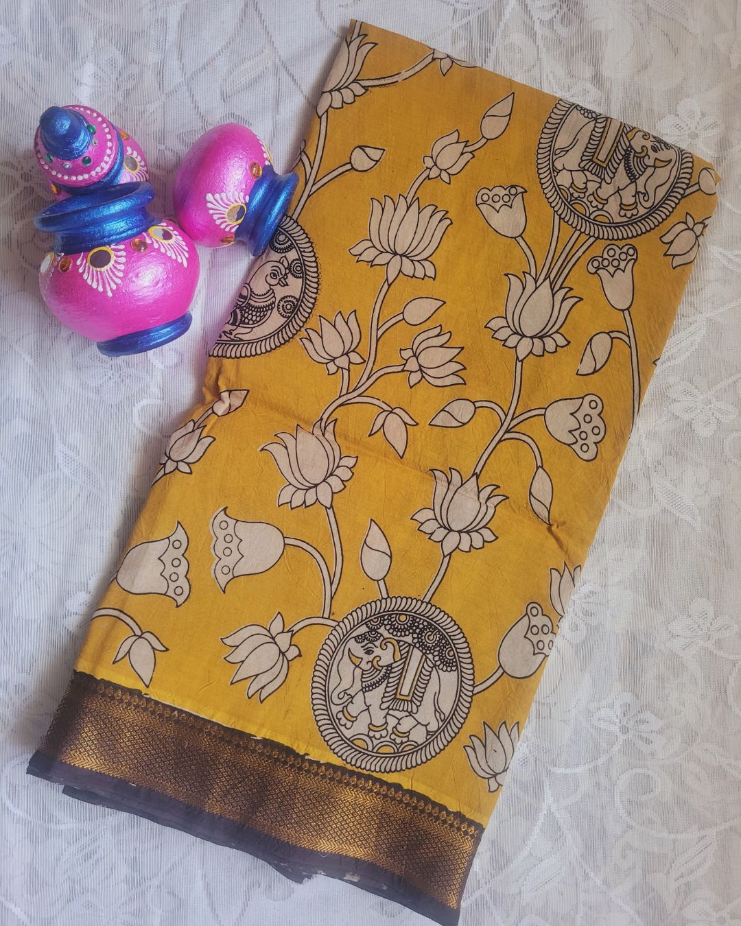 Kalamkari Nizam Border Lemon Yellow Elephant Circle - Camanti