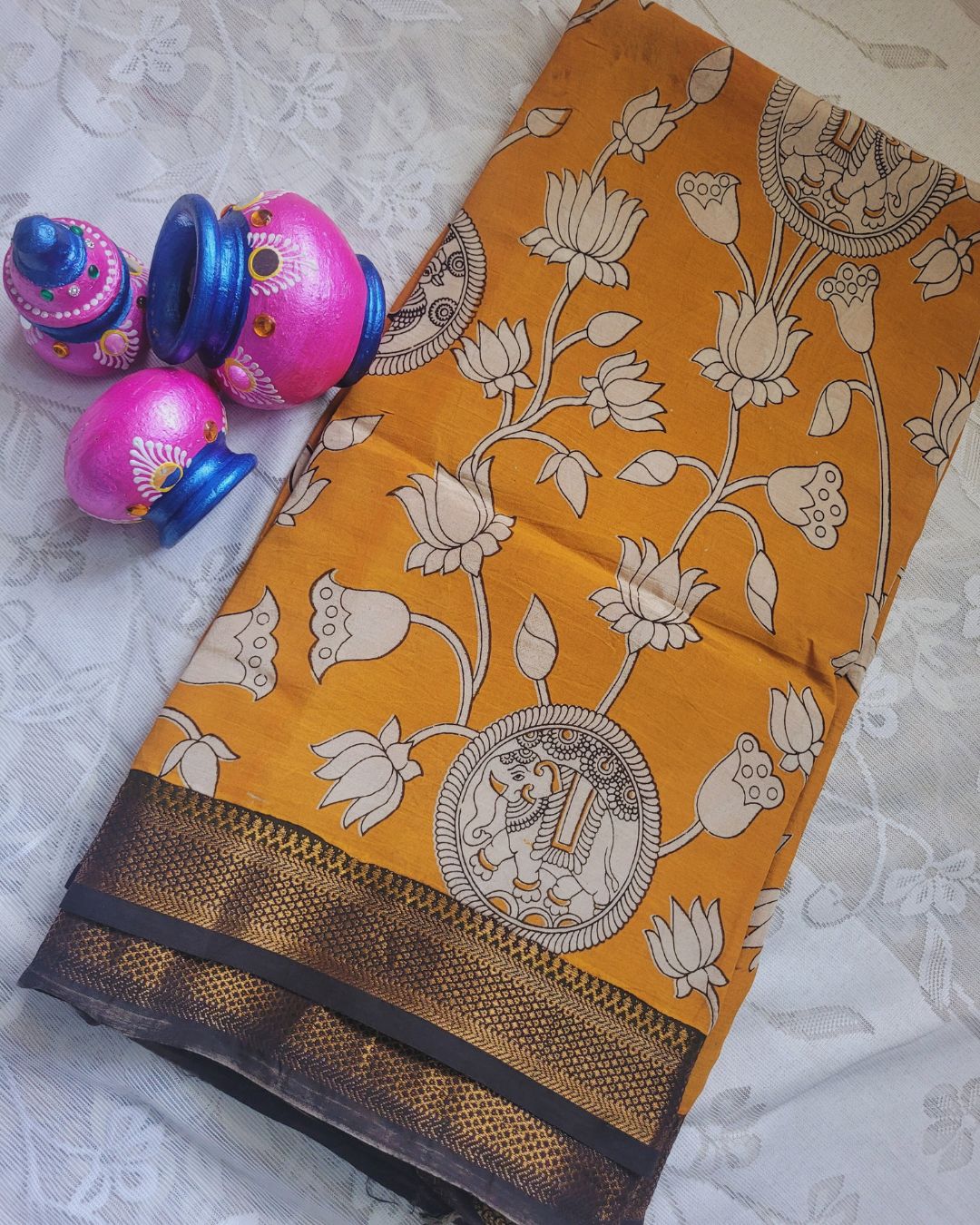 Kalamkari Nizam Border Mustard Yellow Elephant Circle - Banti