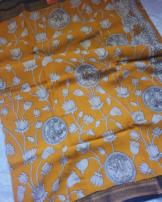 Kalamkari Nizam Border Mustard Yellow Elephant Circle - Banti