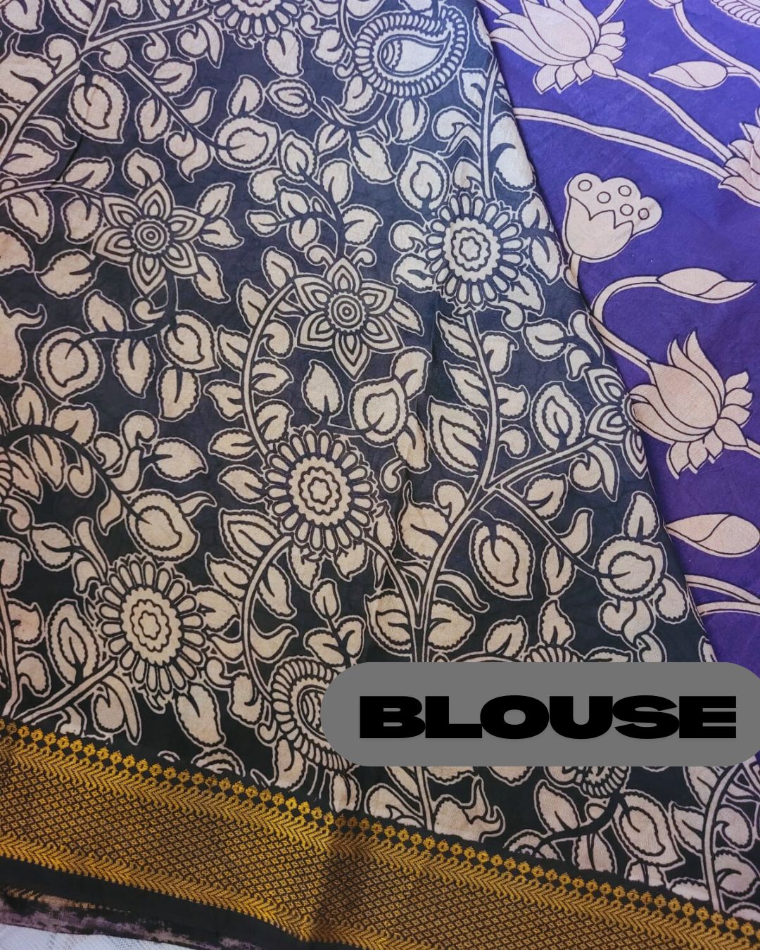 Kalamkari Nizam Border Purple Floral Printed Saree