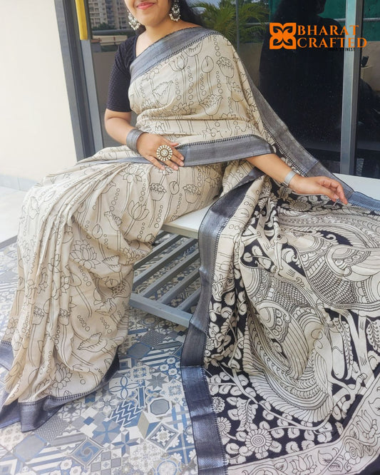Kalamkari Silver border Lotus screen printed saree with contrast Black Blouse