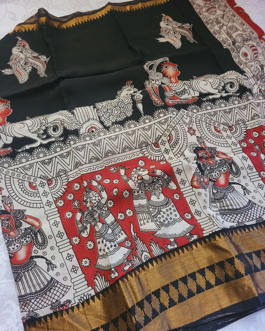 Black Kanchi Temple Border Kalamkari Screen Printed Chennur Silk saree - Veena