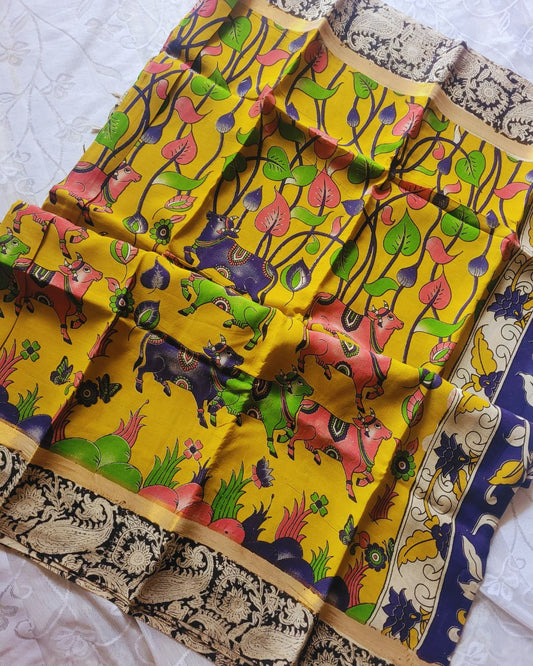 Kalamkari Yellow Block Printed Border Chennur silk saree - Pichwai Kaddi
