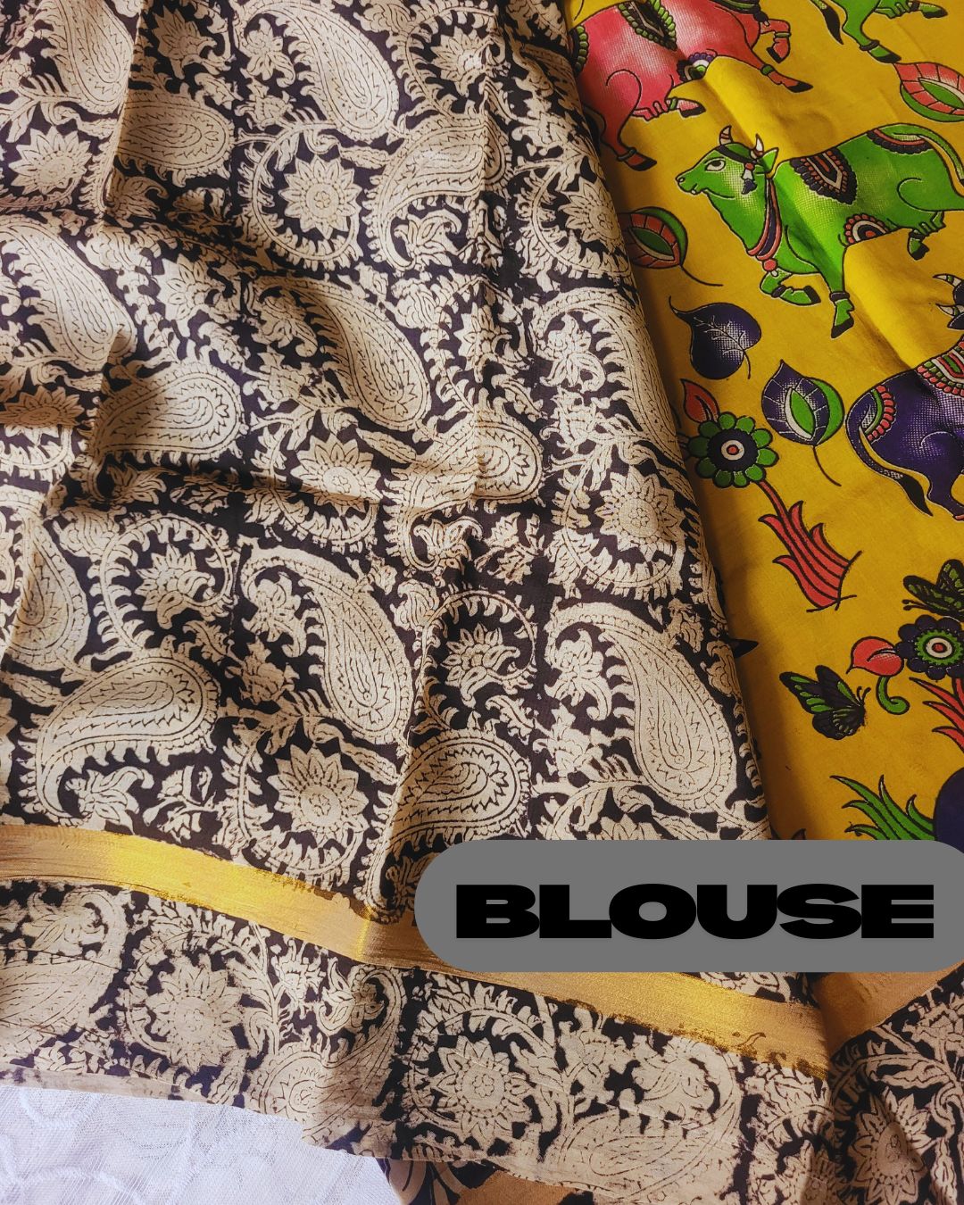 Kalamkari Yellow Block Printed Border Chennur silk saree - Pichwai Kaddi