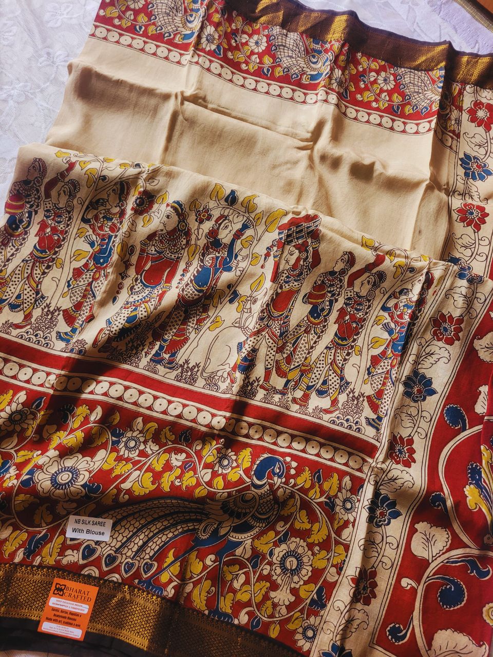 Kalamkari beige chennur silk saree with zari border - Gatha